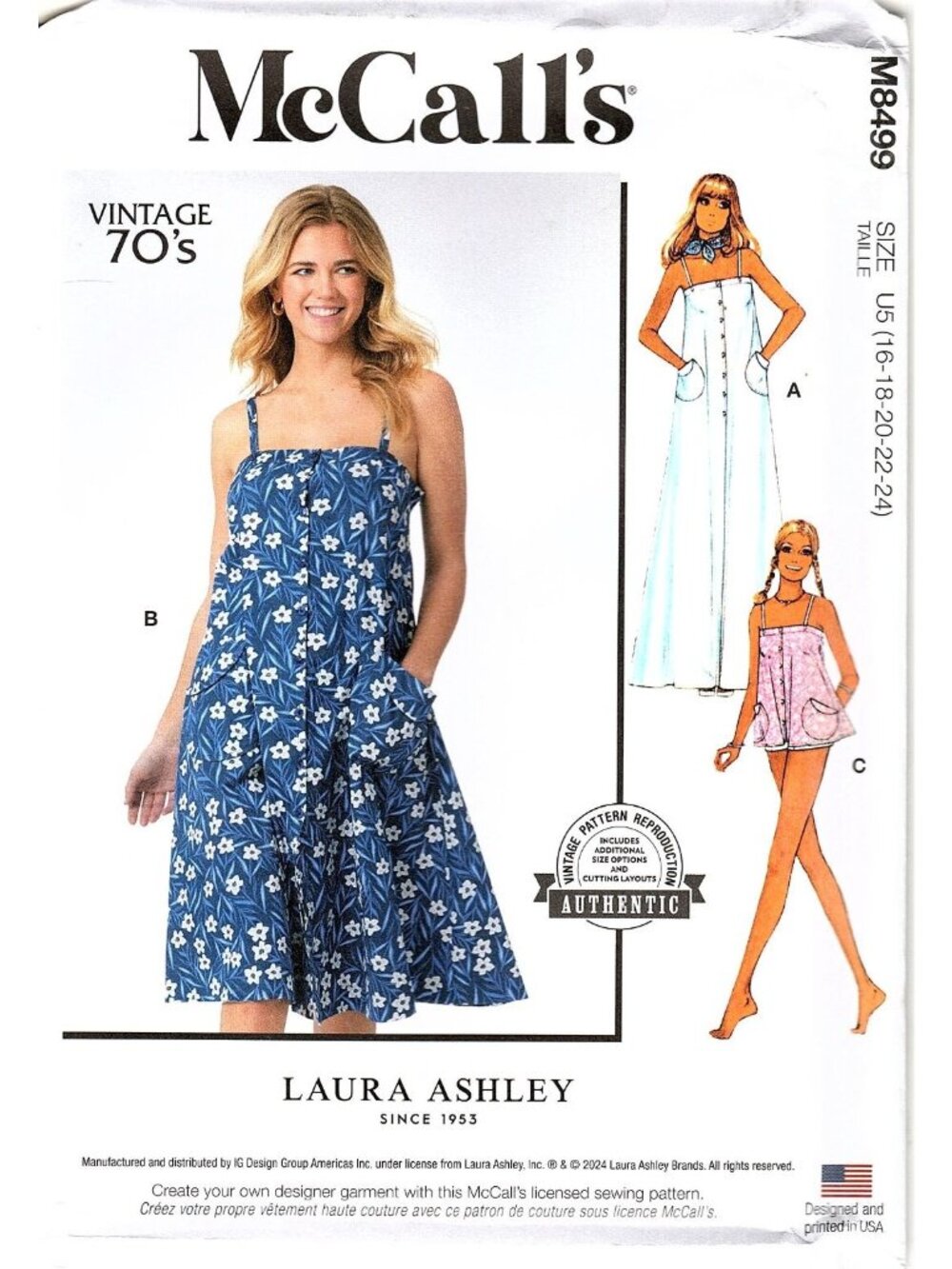 McCalls M8499 Misses 16 to 24 Laura Ashley Sundress and Top Uncut Sewing Pattern